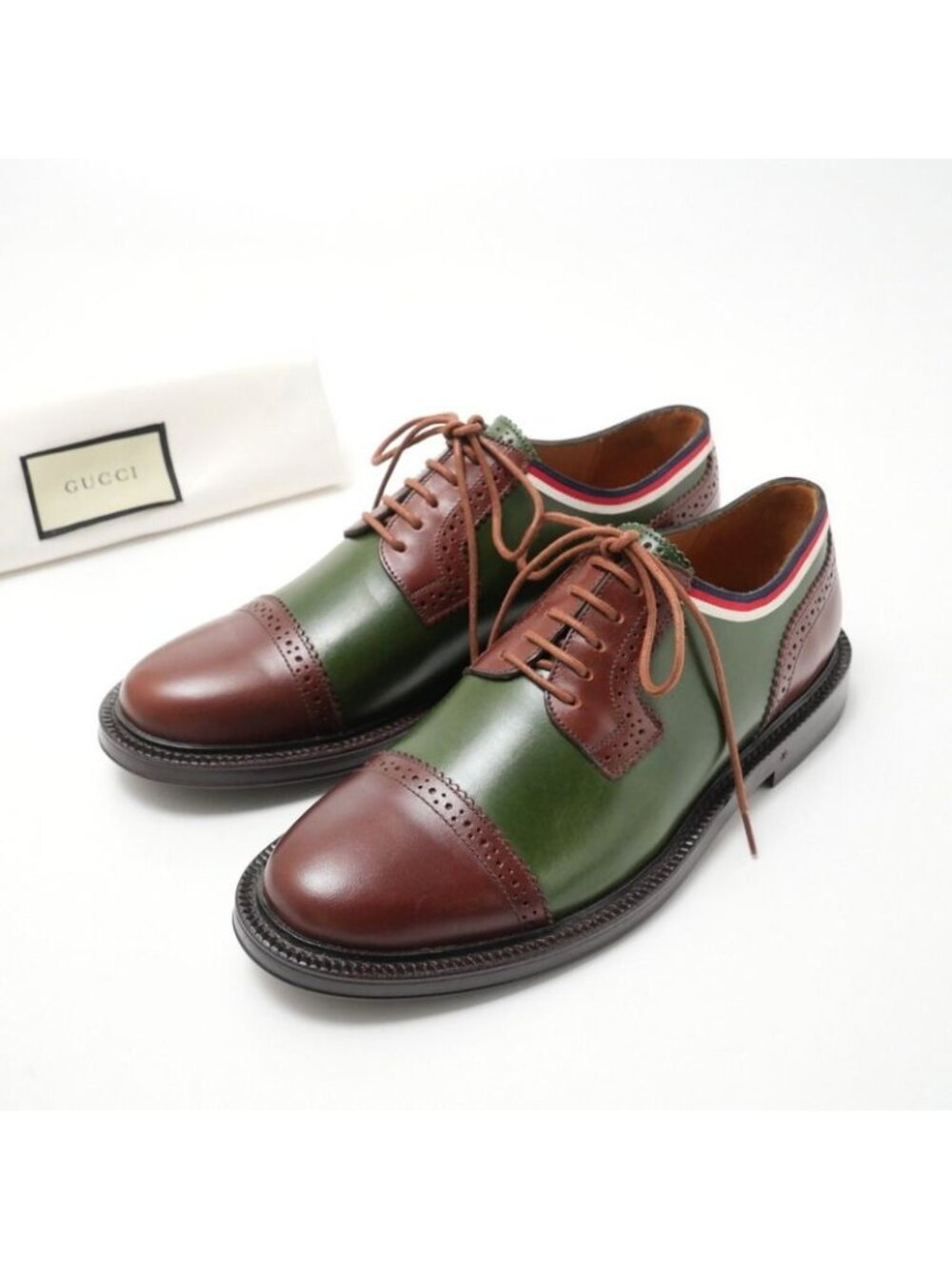 Gucci 5 Leather Shoes Dress Lace Up Green Brown - Picture 1 of 7